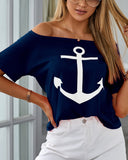 Cold Shoulder Boat Anchor Print Casual T shirt