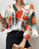 V Neck Tropical Print Bell Sleeve Top