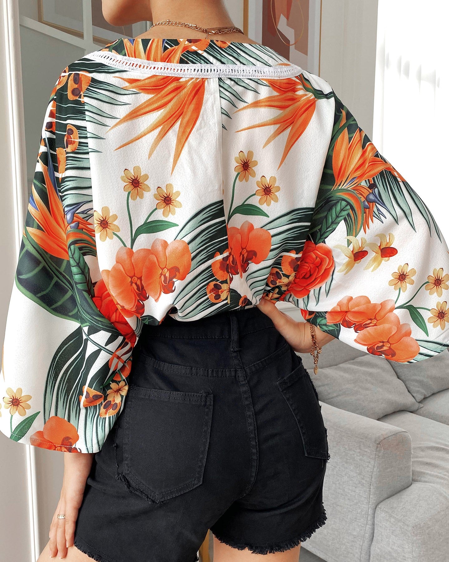 V Neck Tropical Print Bell Sleeve Top