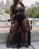 Plus Size Embroidery V Neck Sheer Mesh Maxi Dress