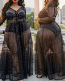 Plus Size Embroidery V Neck Sheer Mesh Maxi Dress