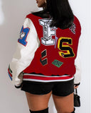 Letter Pattern Graphic Print Long Sleeve Baseball Jacket