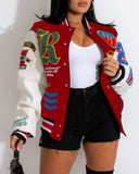 Letter Pattern Graphic Print Long Sleeve Baseball Jacket