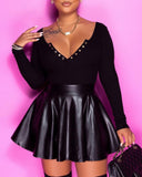 Ribbed Long Sleeve Top & PU Leather Ruched Skirt Set