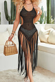 Sexy Solid Tassel Hollowed Out Frenulum Backless Swimwears Cover Up