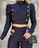 Puff Sleeve Double Breasted Zipper Crop Top & Colorblock Skinny Pants Set