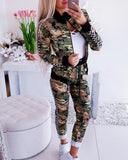 Camo Print Zip Up Bomber Jacket & Drawstring Sweatpants Set