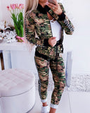 Camo Print Zip Up Bomber Jacket & Drawstring Sweatpants Set