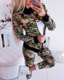 Camo Print Zip Up Bomber Jacket & Drawstring Sweatpants Set