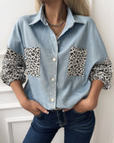 Leopard Print Drop Shoulder Button Up Denim Shirt