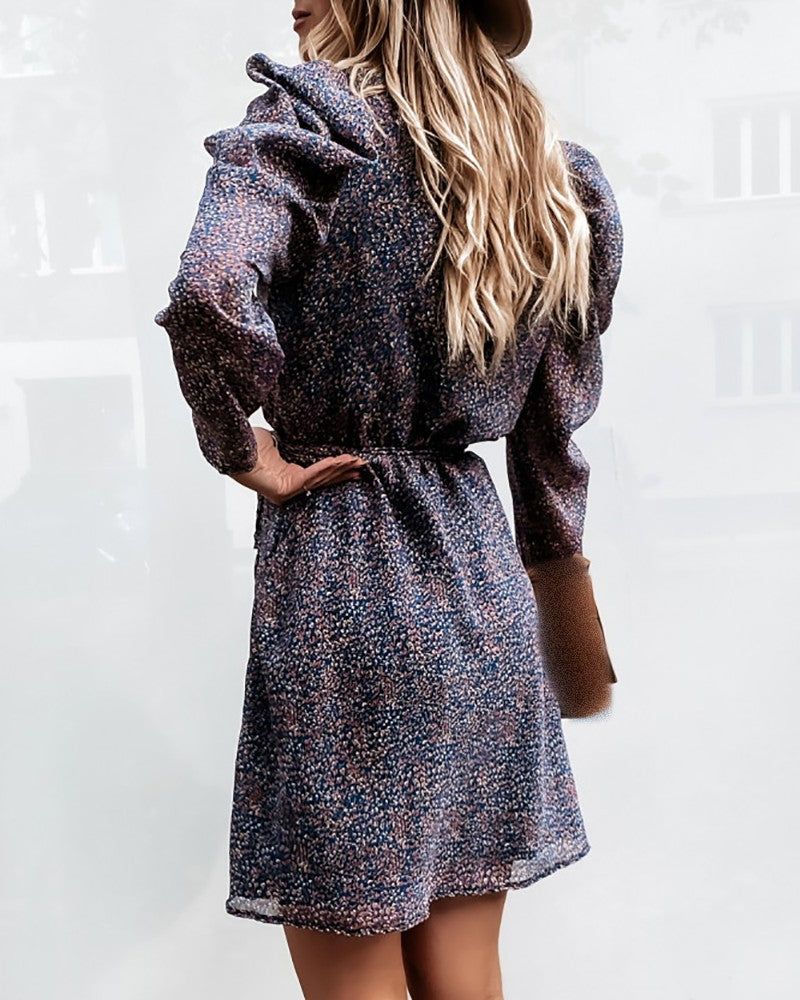 Puff Sleeve Tied Detail Allover Print Dress
