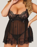 Plus Size Bowknot Decor See Through Lace Babydoll
