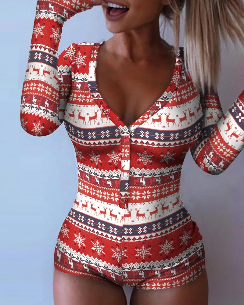 Christmas Print Button Front Onesie