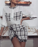 Plaid Pattern Tweed Patch Top & Slit Skirt Set