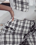 Plaid Pattern Tweed Patch Top & Slit Skirt Set