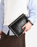 Rivet Decor Croc Embossed Clutch Bag With Wristlet