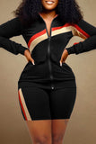 Casual Striped Patchwork Zipper Collar Long Sleeve Two Pieces