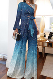 Fashion Patchwork Sequins One Shoulder Long Sleeve Two Pieces