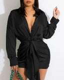 Satin Button Front Ruched Belted Shirt Dress