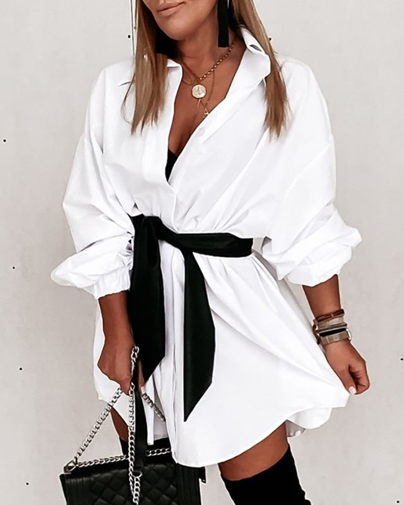 Long Sleeve Tied Detail Casual Shirt Dress With Belt