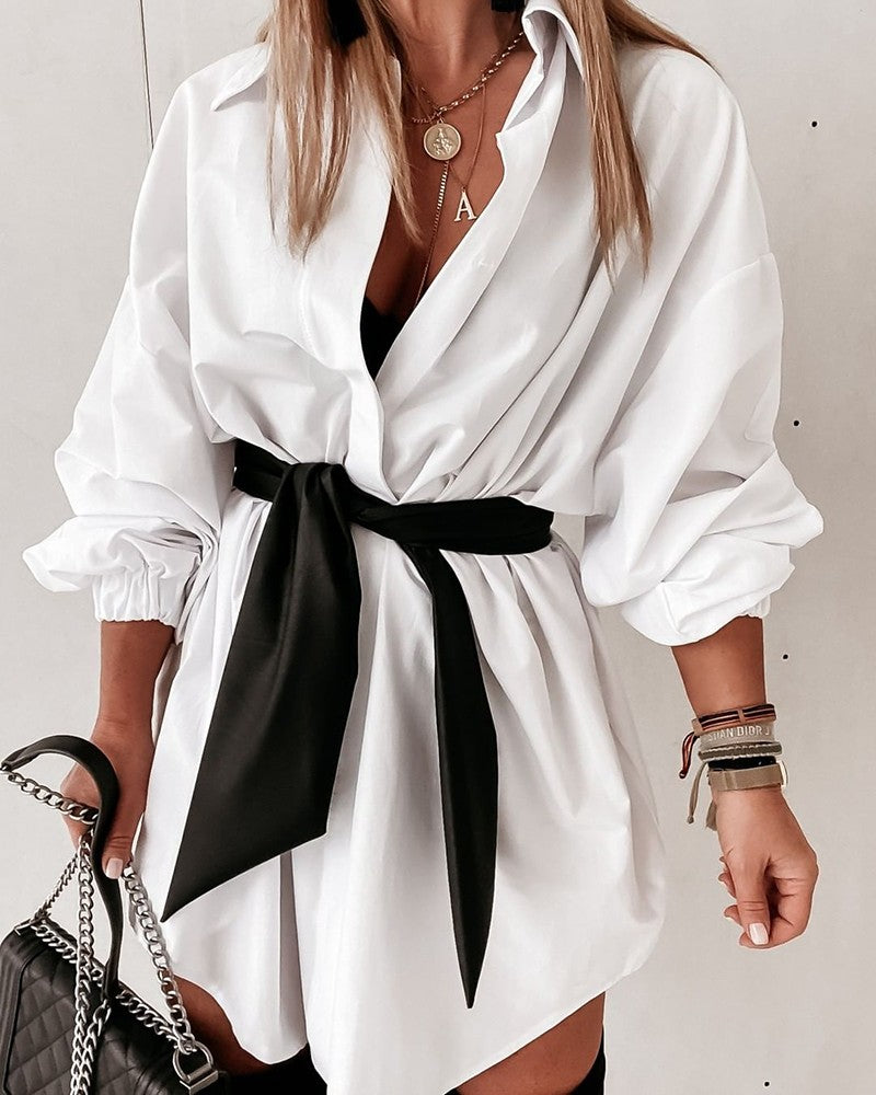 Long Sleeve Tied Detail Casual Shirt Dress With Belt