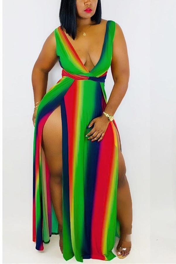 sexy rainbow printing striped v neck dress
