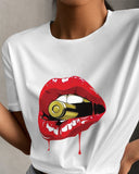 Graphic Lip Print Short Sleeve Casual T shirt