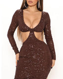 Long Sleeve Plunge Cutout Backless Sequins Dress