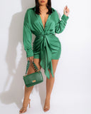 Satin Button Front Ruched Belted Shirt Dress