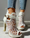 Peep Toe Ankle Buckled Lace Embroidery Thin Heeles