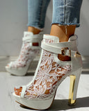 Peep Toe Ankle Buckled Lace Embroidery Thin Heeles