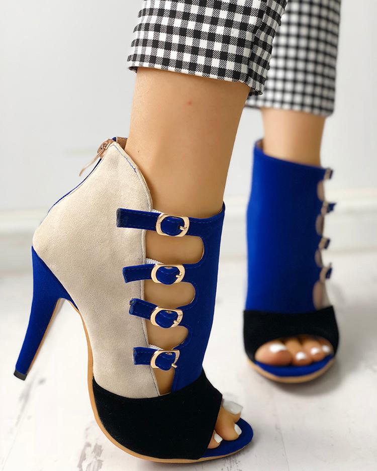 Colorblock Splicing Hollow Out Buckled Thin Heels