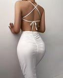 Halter Crisscross Backless Ruched Bodycon Dress
