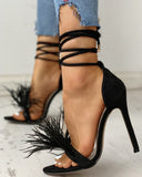 Feather Suede Open Toe Heeled Sandals