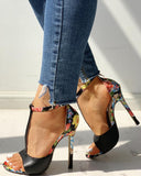 Contrast Color Floral Splicing Ankle Strap Heeled Sandals