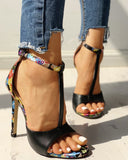 Contrast Color Floral Splicing Ankle Strap Heeled Sandals