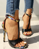 Contrast Color Floral Splicing Ankle Strap Heeled Sandals