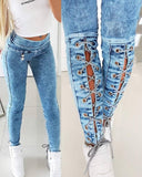 Solid Color Lace up Skinny Jeans