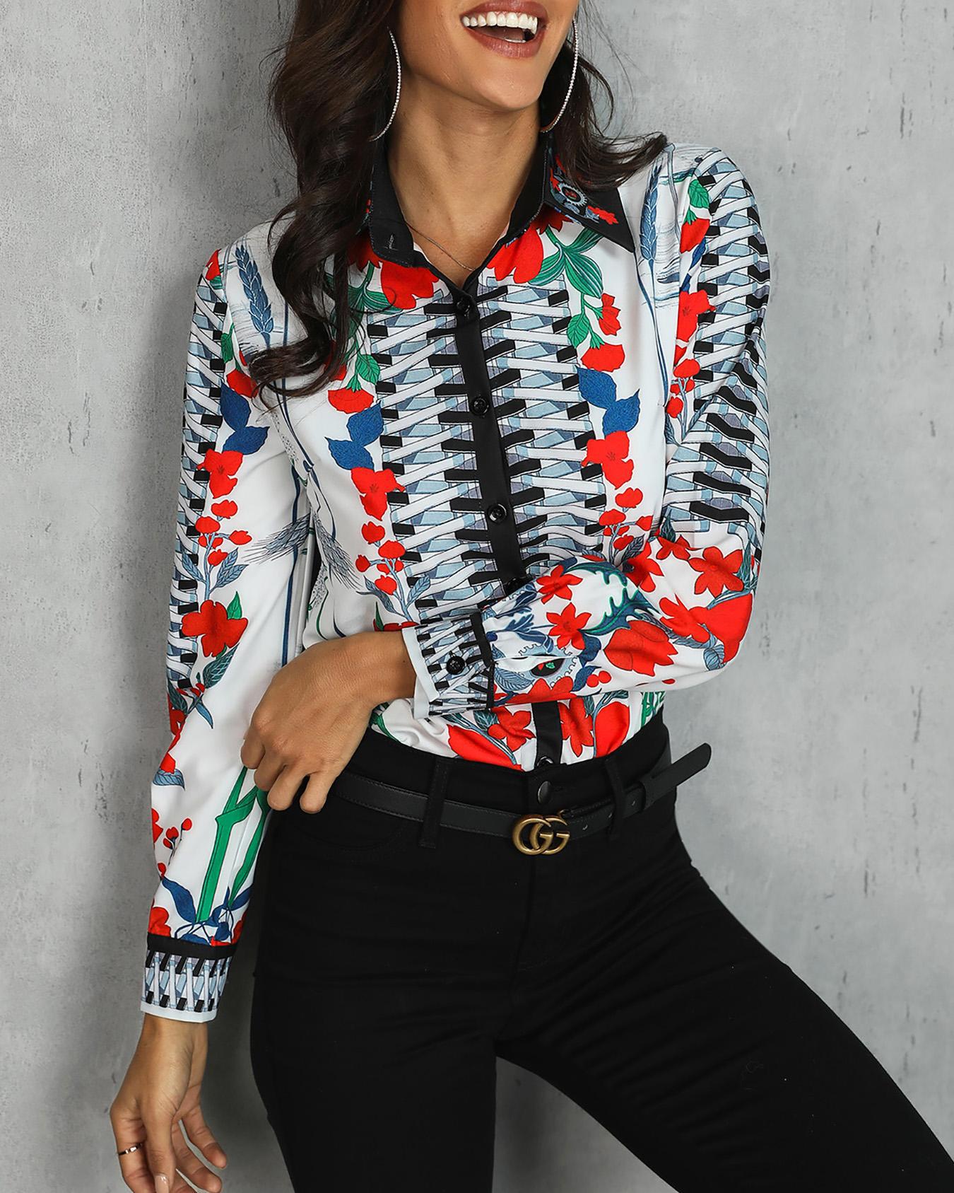 Long Sleeve Mixed Floral Print Casual Blouse