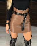 PU Leather Zipper Design Mini Skirt