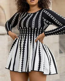 Plus Size Striped Print Round Neck Long Sleeve Dress