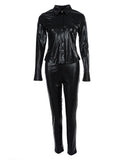 Croc Embossed PU Leather Button Front Top & Pants Set