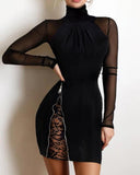 Contrast Lace Sheer Mesh Long Sleeve Bodycon Dress
