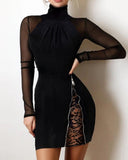 Contrast Lace Sheer Mesh Long Sleeve Bodycon Dress