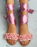 Beaded Ribbon Peep Toe Flat Sandals