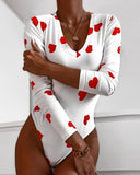 V Neck Heart Print Long Sleeve Bodysuit