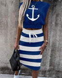 Anchor Striped Short Sleeve Top & Drawstring Skirt Set