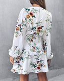 Floral Print Shirred Puff Lantern Sleeve Dress