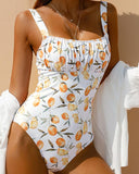 Fruit Print Sleeveless Ruched One Piece Swimsuit