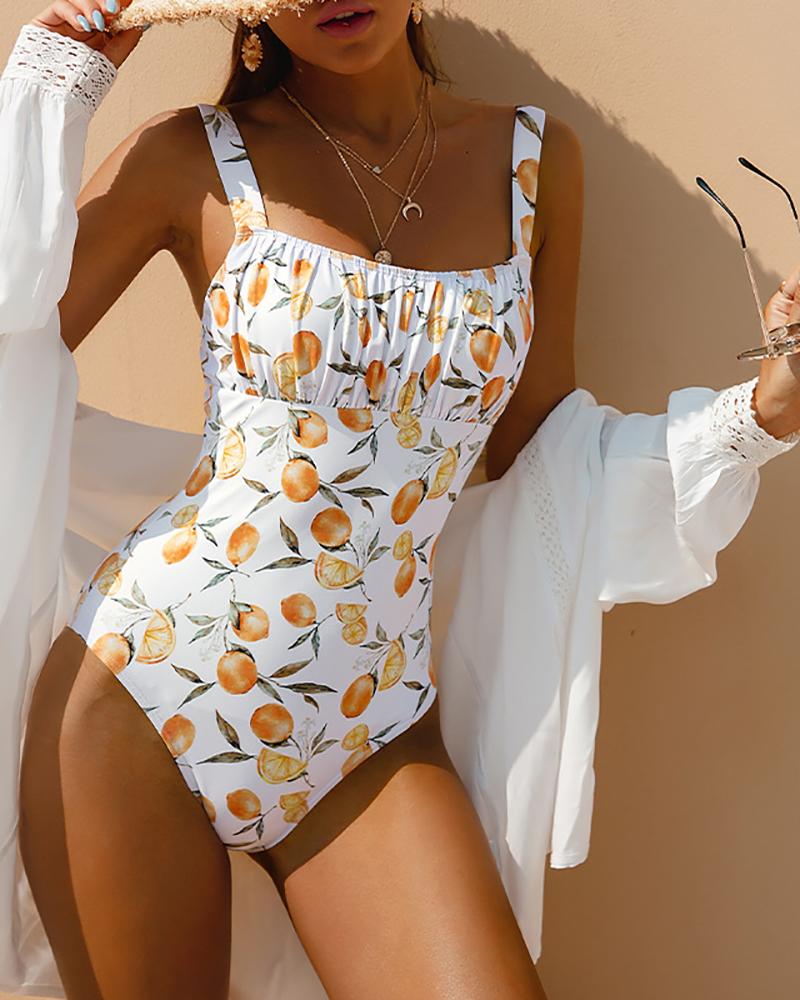 Fruit Print Sleeveless Ruched One Piece Swimsuit